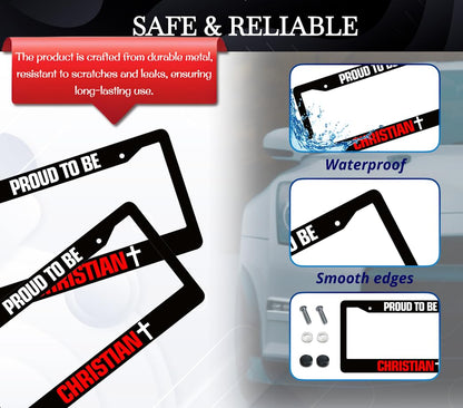 6x12.25 Inch License Plate Frame with Quote Proud to Be Christian with 2 Standard Slotted Mounting Holes and Screws