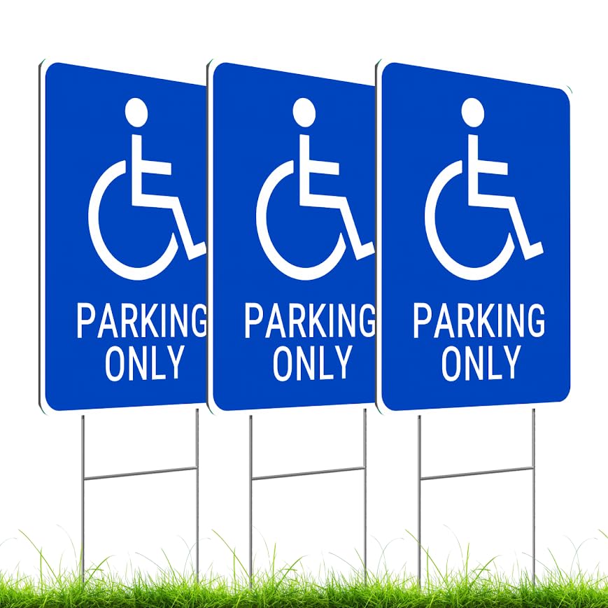 Set of 3 Double Sided 12x16 Inches Reserved Parking Signs for Handicapped Only with Metal Wire H-Stakes