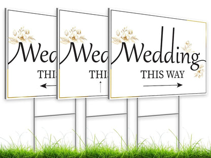 ULVEOL 12x16 inch Pack of 3 Wedding Direction Arrow Signs - Classic White Plastic Wedding Signs with H Stakes - Double-Sided Printed Arrows