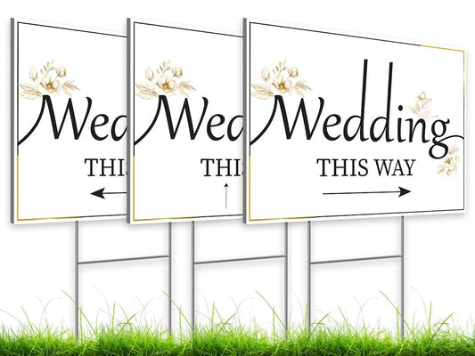 ULVEOL 12x16 inch Pack of 3 Wedding Direction Arrow Signs - Classic White Plastic Wedding Signs with H Stakes - Double-Sided Printed Arrows