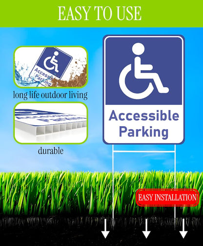 Set of 3 Double Sided 12x16 Inches "Accessible Parking" Plastic Sign with Metal H-Stakes - Reserved Spaces for Handicap Permit Vehicles