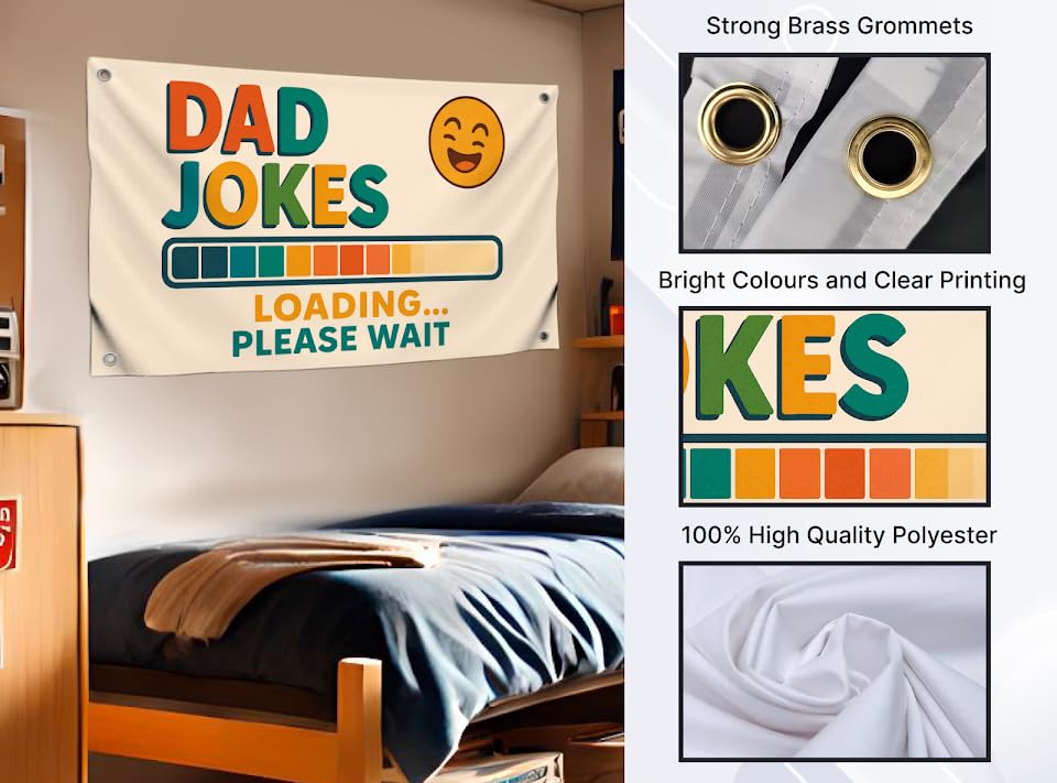 3x5 Feet Funny Wall Flag with Quote ''Dad Jokes Loading Please Wait'' with Four Brass Grommets - Single Sided Humor Flag for Bedroom Mans