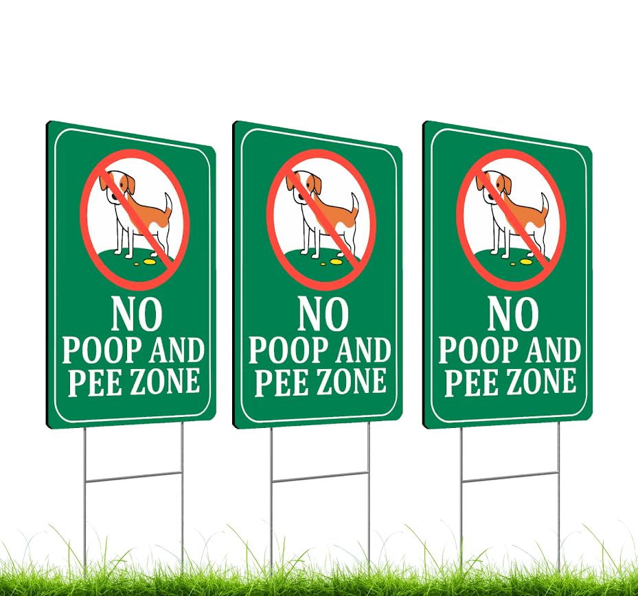 Set of 3 Double Sided 12x8 Inches Plastic Sign "No Poop and Pee Zone" with Metal H-Stakes
