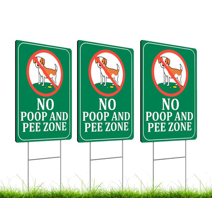 Set of 3 Double Sided 12x8 Inches Plastic Sign "No Poop and Pee Zone" with Metal H-Stakes