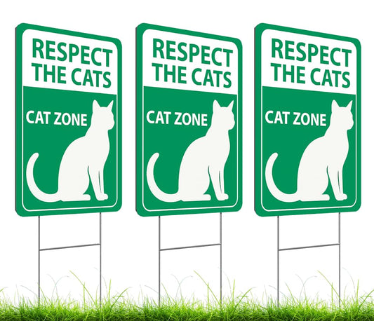 Set of 3 Double Sided 12x16 Inches Respect The Cat Sign with Metal Wire H-Stakes - Plastic Street Cat Zone Animals Sign for Garden or Yard