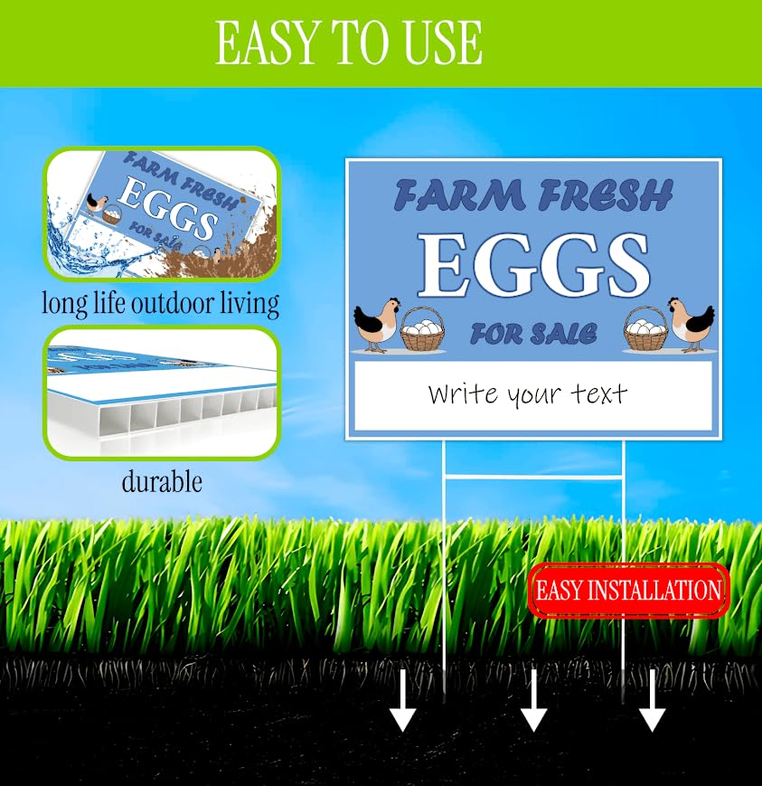 Set of 3 Double Sided 12x16 Inches Farm Fresh Eggs For Sale Sign with Metal H-Stakes
