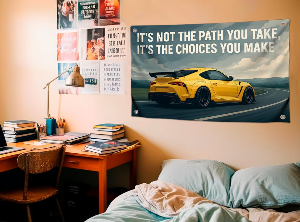 3x5 Feet Flag with Sport Yellow Car and Quote ''It's Not The Path You Take, It's The Choices You Make'' with Four Brass Grommets - Single Sided Flag