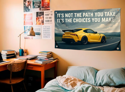 3x5 Feet Flag with Sport Yellow Car and Quote ''It's Not The Path You Take, It's The Choices You Make'' with Four Brass Grommets - Single Sided Flag