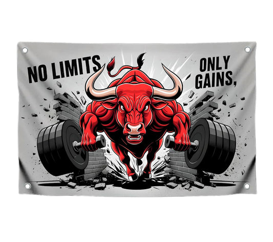 3x5 Feet Red Bull Motivation Flag "No Limits, Only Gains" with Four Brass Grommets. Polyester Animals Yard Outdoor or Indoor Banner.Bull Inspirational