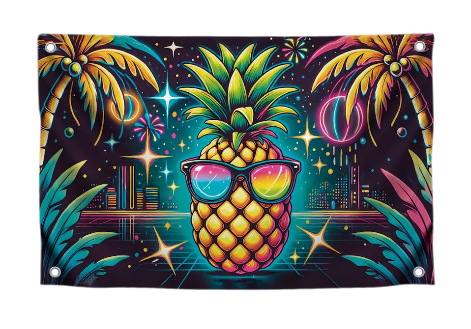 3x5 Feet Single Sided Flag with Four Brass Grommets - Neon Pineapple with Sunglasses - Tropical Night City Polyester Banner - Party Flag