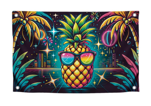 3x5 Feet Single Sided Flag with Four Brass Grommets - Neon Pineapple with Sunglasses - Tropical Night City Polyester Banner - Party Flag