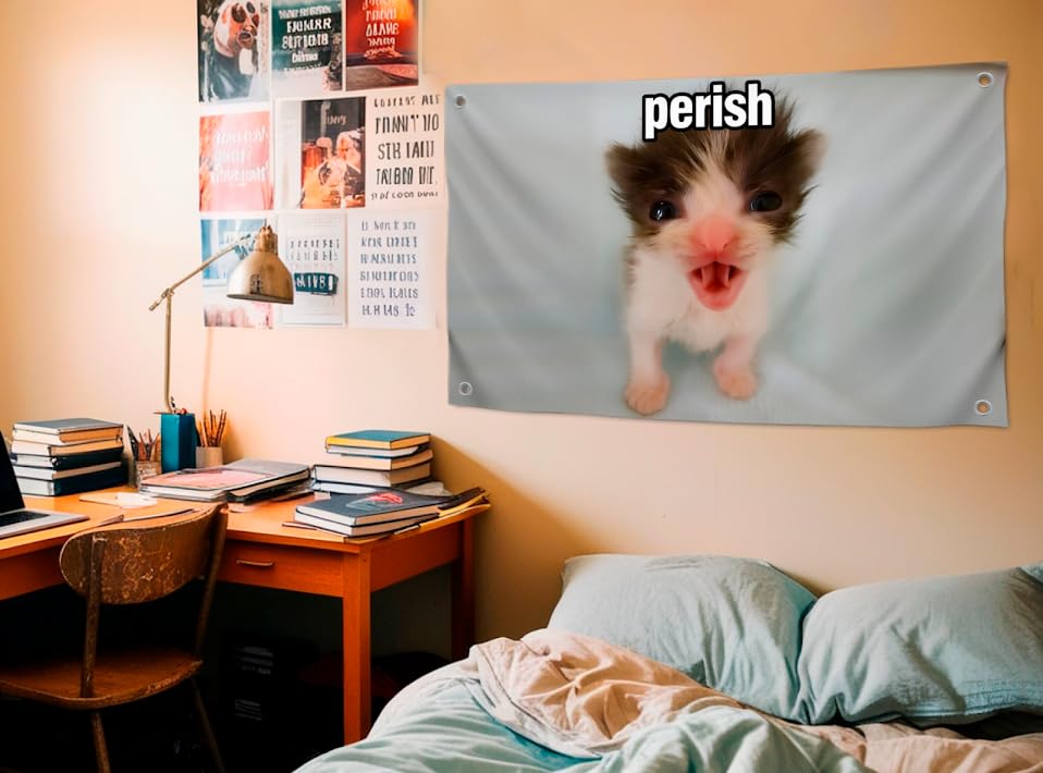 3x5 Feet Funny Single Sided Kittens Flags with Quote ''Perish'' - Cool Meme Poster Polyester for Room Teens - Animals Banners for Cat