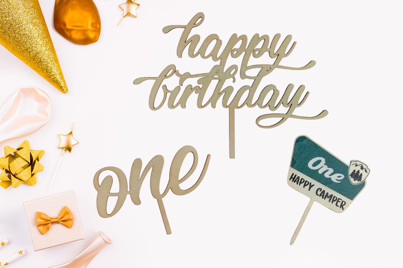 4.8x6.1 Inch Cake Topper For One Happy Camper - One Happy Camper Birthday Decorations. Camping Party Wooden Cake Toppers or Wedding Anniversary Rravel