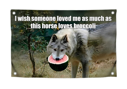 3x5 Feet Flags for Room Boys and Girls with Four Brass Grommets - Single Sided Meme Tapestry Flag with Hungry Wolf. Polyester Poster for Bedroom Decor