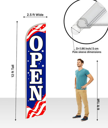 12x2.5 Feet Tall Feather Single Sided Flags "Open" - Feathers Banners Open Themed - Decorations Glory Stars Stripes Banner - OpenPolyester Flag Banner