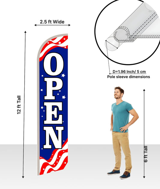 12x2.5 Feet Tall Feather Single Sided Flags "Open" - Feathers Banners Open Themed - Decorations Glory Stars Stripes Banner - OpenPolyester Flag Banner