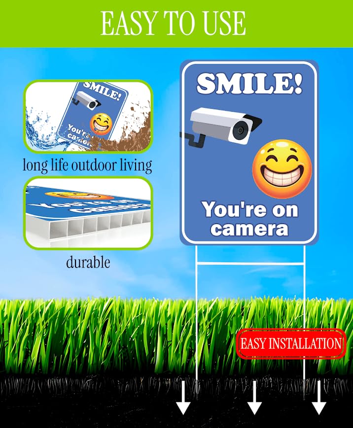 Set of 3 Double Sided 12x8 Inches Plastic Sign With H-Stakes "SMILE! You'reon Camera" - Tresspassing Video Surveillance Private Property Signs