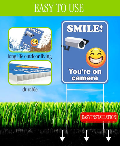 Set of 3 Double Sided 12x8 Inches Plastic Sign With H-Stakes "SMILE! You'reon Camera" - Tresspassing Video Surveillance Private Property Signs