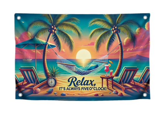 3x5 Ft Single Sided Flag with 4 Brass Grommets - "Relax It's Always Five O'Clock" Relax Time - Hammock and Beach Scene - Tropical Sunset Polyester