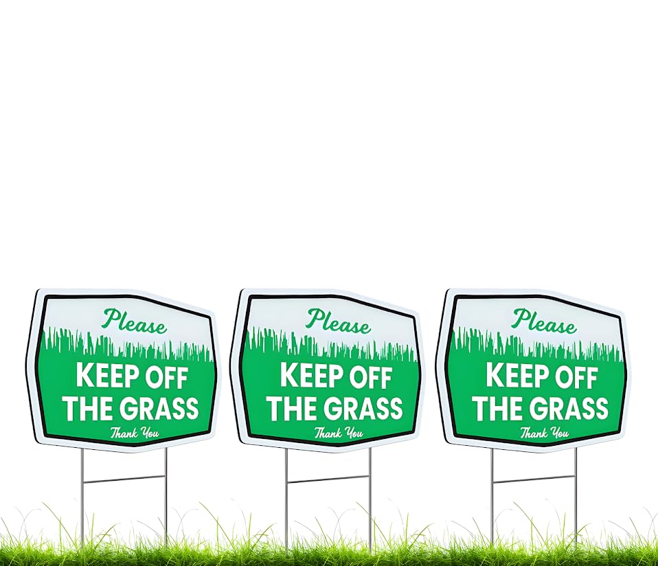 Set of 3 Double Sided 12x8 Inches Plastic Please Keep Off The Grass Thank You Signs with Metal H-Stakes - Curb Your Dog no Pooping