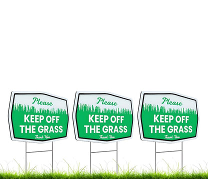 Set of 3 Double Sided 12x8 Inches Plastic Please Keep Off The Grass Thank You Signs with Metal H-Stakes - Curb Your Dog no Pooping