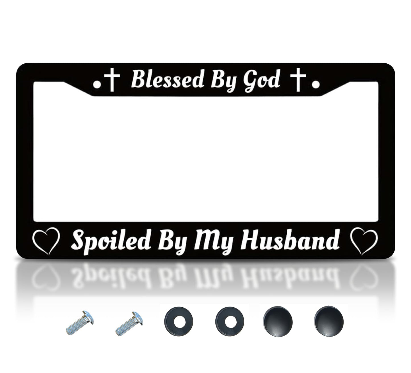 Personalized Car License Plate Frame for US Standard Frame Blessed by God Spoiled by My Husband - Black Metal Plate Frame 6x12.25 inch