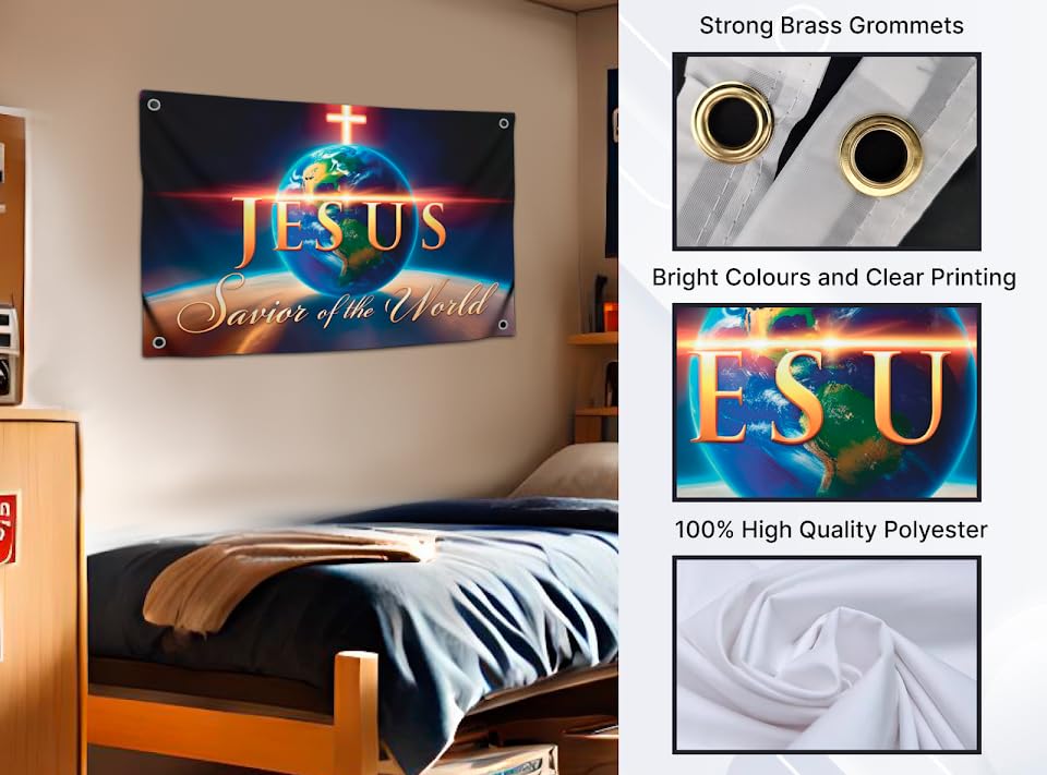 3x5 Feet Flag with Quote ''Savior of the World'' with Four Brass Grommets - Polyester Decor Flags for Churches - Single Sided Banners for Easter Day