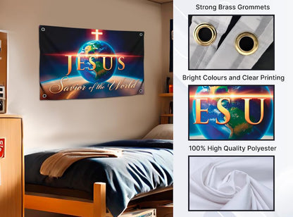 3x5 Feet Flag with Quote ''Savior of the World'' with Four Brass Grommets - Polyester Decor Flags for Churches - Single Sided Banners for Easter Day