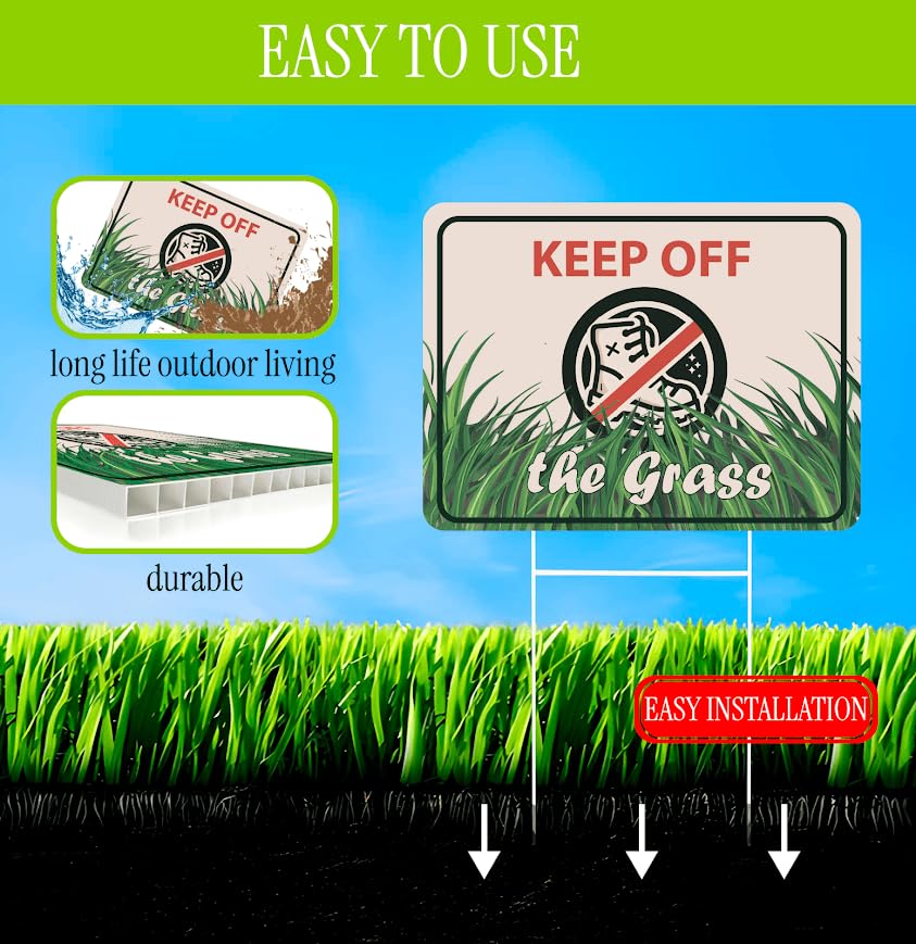 Set of 3 Double Sided 12x8 Inches Plastic Sign With H-Stakes "KEEP OFF the Grass" - Signs do not Walk on the Garden in the Yard