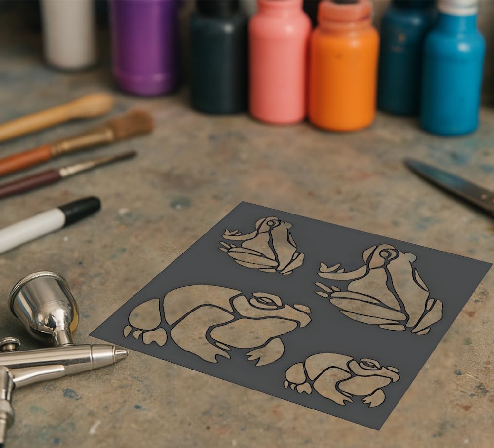 5.5x5.5 Inch Reusable Sturdy Stencil with Frogs - Scrapbooking for Airbrush Painting Drawing. Flexible Clear Plastic Stencils Arts and Crafts Material