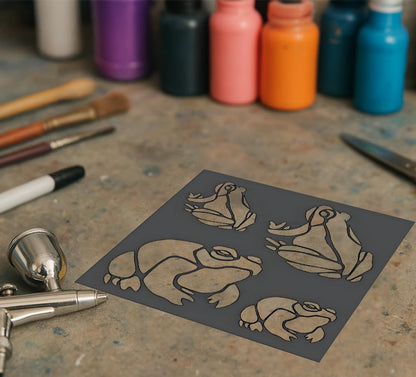 5.5x5.5 Inch Reusable Sturdy Stencil with Frogs - Scrapbooking for Airbrush Painting Drawing. Flexible Clear Plastic Stencils Arts and Crafts Material