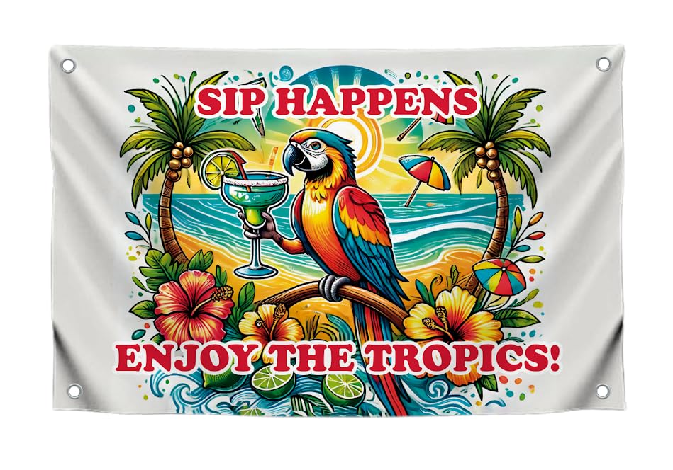 3x5 Ft Single Sided Flag with 4 Brass Grommets - Tropical Parrot with Colorful Margarita Tapestry - "Sip Happens Enjoy the Tropics" Quote Polyester