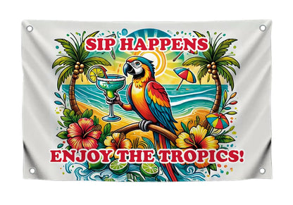3x5 Ft Single Sided Flag with 4 Brass Grommets - Tropical Parrot with Colorful Margarita Tapestry - "Sip Happens Enjoy the Tropics" Quote Polyester