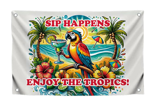 3x5 Ft Single Sided Flag with 4 Brass Grommets - Tropical Parrot with Colorful Margarita Tapestry - "Sip Happens Enjoy the Tropics" Quote Polyester