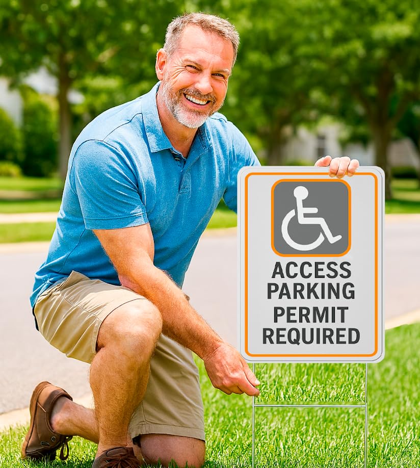 Set of 3 Double Sided 12x16 Inches Access Parking Permit Required Sign with Metal Wire H-Stakes - No Parking Road Traffic Signs for Garden Decoration
