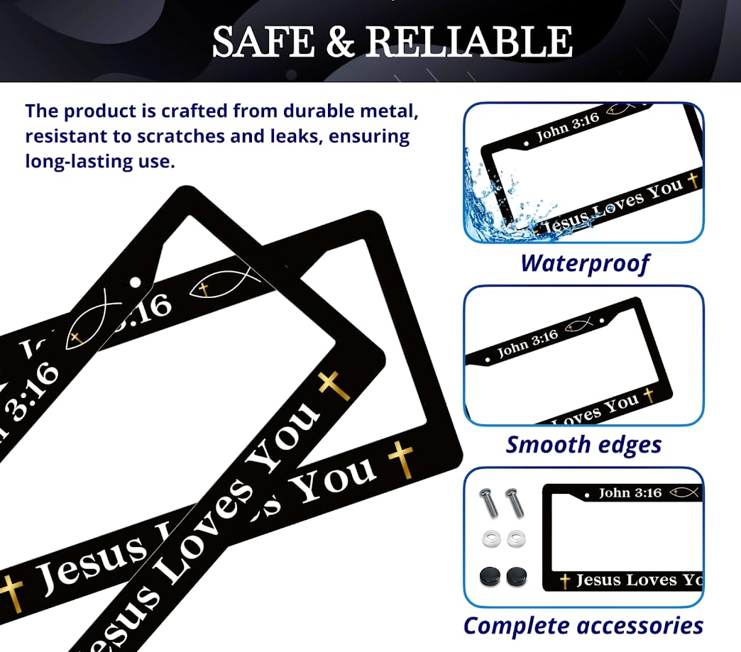 Personalized Car License Plate Frame John 3:16 Jesus Loves You - Metal Aluminum Funny Black Car Cover Tag Holder Frames with 2 Holes and Screws