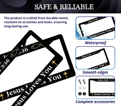 Personalized Car License Plate Frame John 3:16 Jesus Loves You - Metal Aluminum Funny Black Car Cover Tag Holder Frames with 2 Holes and Screws