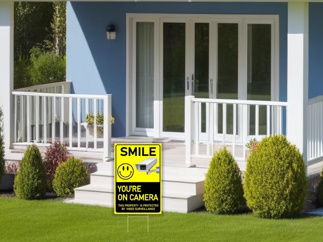 Set of 3 Smile You’re On Camera Signs Wire H-Stakes - 8x12 Inch This Property Is Protected By Video Surveillance. Private Property Video Home Security
