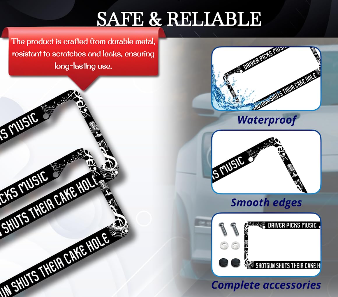 License Plate Frame 6x12.25 Inch - Driver Picks Music Shotgun Shuts Their Cake Hole with 2 Holes and Screws - Metal Frame for Your Car