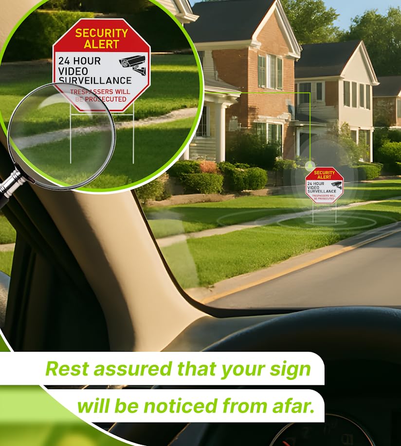Set of 3 Double Sided 13x13 Inches Plastic 24 Hour Surveillance Signs with Metal H-Stakes - No Intrusion Sign Private Property