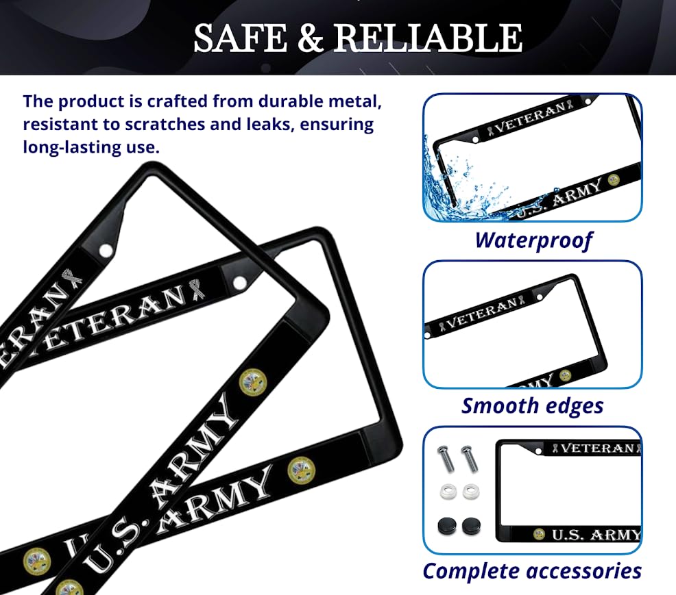 License Plate Frame US Army Veteran - Stainless Steel Frame for Front and Rear - Metal Plate Frame with 2 Holes and Screws 6x12.25 inches