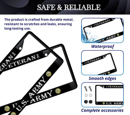 License Plate Frame US Army Veteran - Stainless Steel Frame for Front and Rear - Metal Plate Frame with 2 Holes and Screws 6x12.25 inches