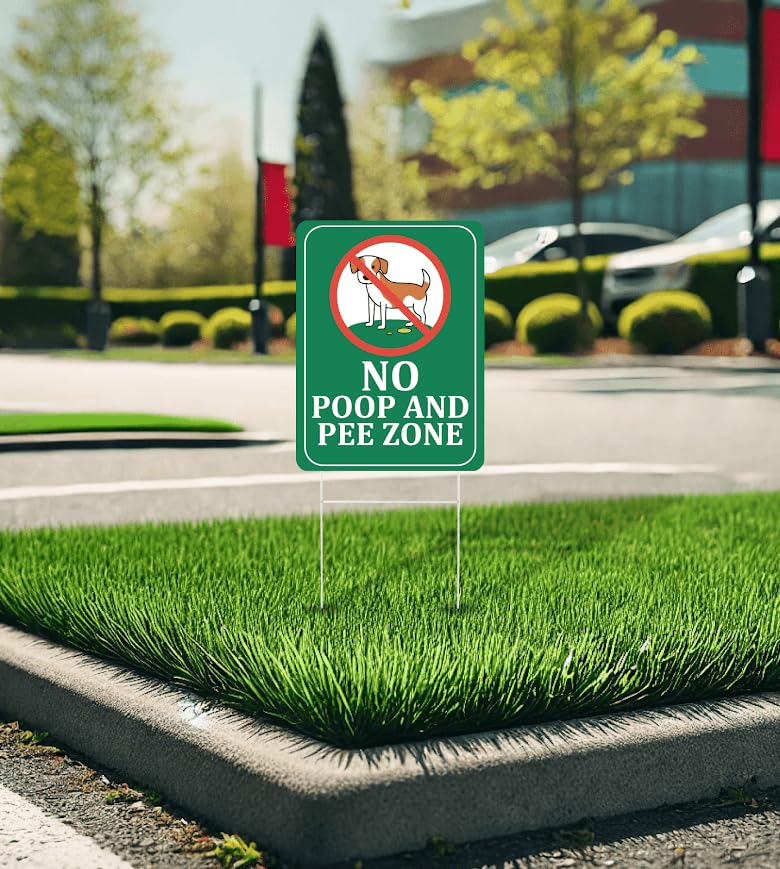Set of 3 Double Sided 12x8 Inches Plastic Sign "No Poop and Pee Zone" with Metal H-Stakes