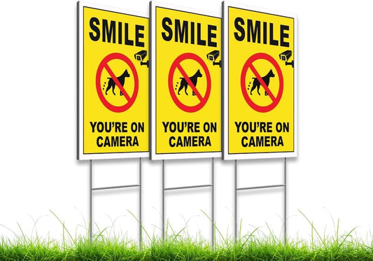 3-Pack 12x8 Inch Smile Your on Camera Signs with Stakes – Outdoor Lawn Protection No Trespassing, Video Surveillance Home Security Yard Plastic Signs