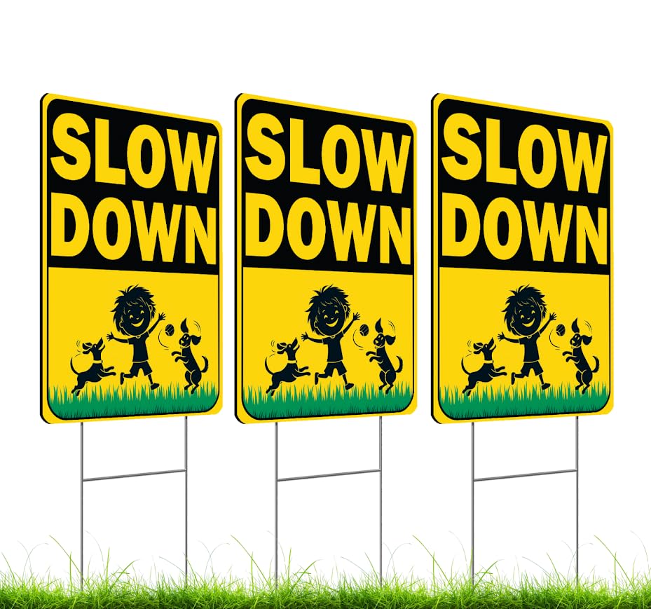 Set of 3 Double Sided 12x16 Inches "Slow Down" Sign with Metal H-Stakes - Caution Children at Play Plastic Signs for Avenue