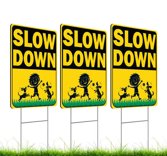 Set of 3 Double Sided 12x16 Inches "Slow Down" Sign with Metal H-Stakes - Caution Children at Play Plastic Signs for Avenue