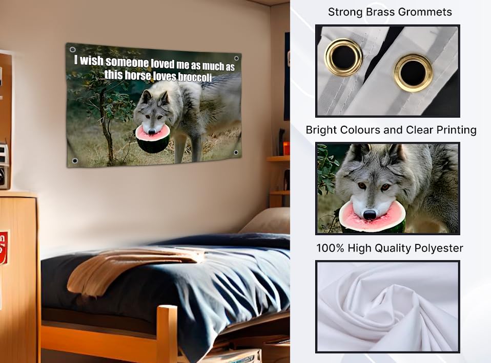 3x5 Feet Flags for Room Boys and Girls with Four Brass Grommets - Single Sided Meme Tapestry Flag with Hungry Wolf. Polyester Poster for Bedroom Decor