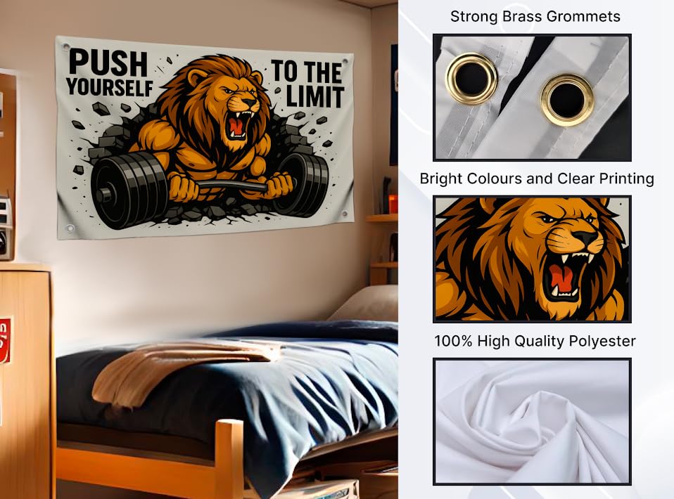 3x5 Feet Motivation Gym Flag with Quote "Push Yourself To The Limit" with Four Brass Grommets - Lion Inspirational Banner for Wall Decoration