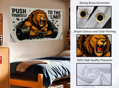 3x5 Feet Motivation Gym Flag with Quote "Push Yourself To The Limit" with Four Brass Grommets - Lion Inspirational Banner for Wall Decoration