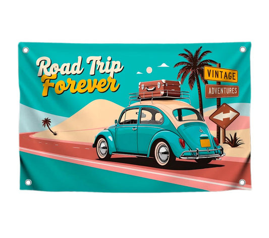 3x5 Feet Retro Car with Four Brass Grommets - Road Trip Forever Banner for Wall Decoration - Vintage Adventures Polyester Racing Flag for Outside
